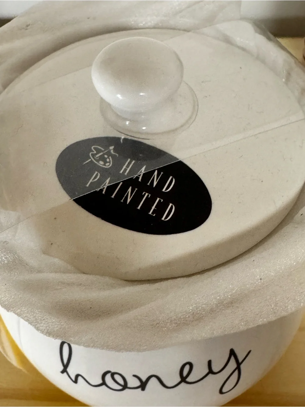 Hand-Painted Ceramic Honey Jar with Lid & Dipper — White with Yellow Accent